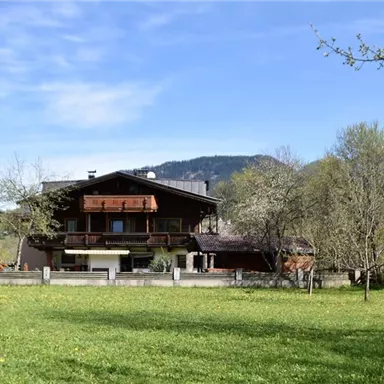 Ein charmantes Haus umgeben von grünen Wiesen und Bäumen. Im Hintergrund sind sanfte Hügel und ein blauer Himmel zu sehen.