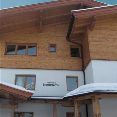 Ein modernes Holzhaus mit einer einladenden Fassade. Der Schnee auf dem Boden sorgt für eine gemütliche Atmosphäre.