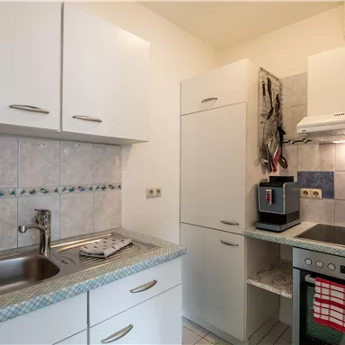 Eine moderne Küche mit weißen Schränken und einer Edelstahlspüle. Der Raum ist gut beleuchtet und enthält grundlegende Küchengeräte.