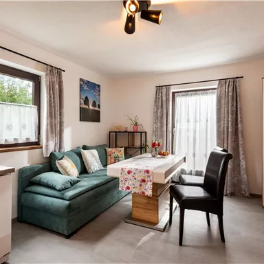 Ein gemütlicher Wohnraum mit einem grünen Sofa und einem Esstisch. Große Fenster sorgen für viel Tageslicht.