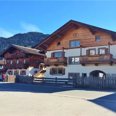 A picturesque Alpine village with traditional wooden houses. In the background, green mountains can be seen under a blue sky.