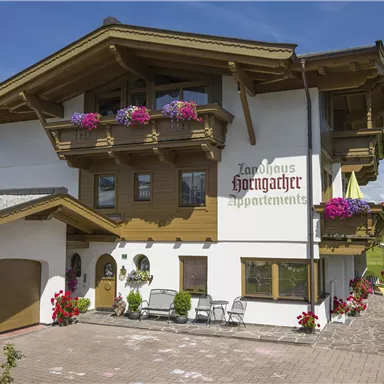 A mountain-style building with several balconies, adorned with colorful flowers. In the foreground, there are parking spaces and seating areas.