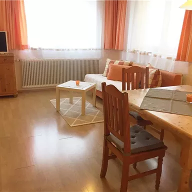 Ein gemütliches Wohnzimmer mit einem Fernseher, einem Tisch und Stühlen. Große Fenster mit orangefarbenen Vorhängen sorgen für viel natürliches Licht.