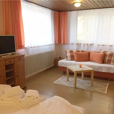 Ein gemütliches Wohnzimmer mit einem Fernseher, einer bequemen Couch und einem kleinen Tisch. Große Fenster lassen viel Tageslicht herein.