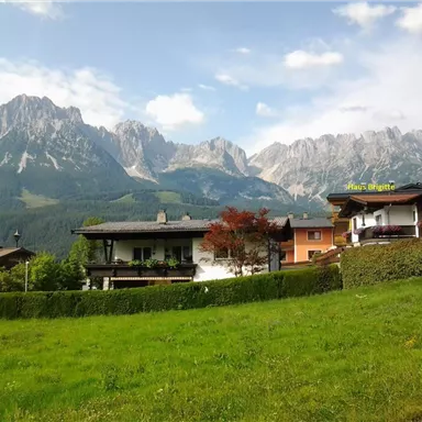 Eine malerische Landschaft mit hohen Bergen im Hintergrund. Im Vordergrund sind einige traditionelle Häuser und saftige grüne Wiesen zu sehen.