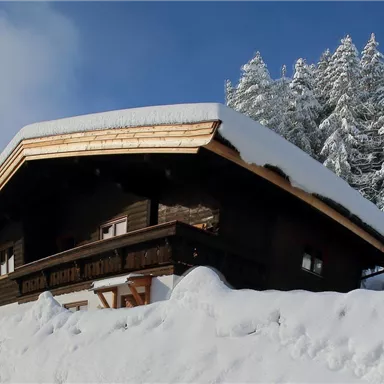 Ein gemütliches Holzhaus mit einem schneebedeckten Dach. Im Hintergrund sind verschneite Tannenbäume zu sehen.