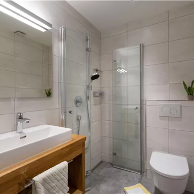 A modern bathroom with a glass shower and an elegant sink. It also features bright wall design and small plants as decoration.