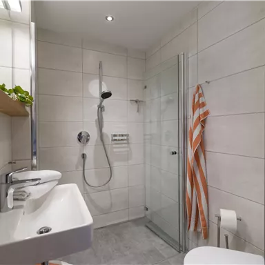 A modern bathroom with a shower and a sink. A towel hangs on the wall and there are plants for a fresh accent.