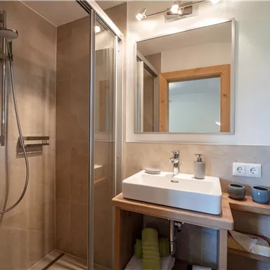 A modern bathroom with a shower and a sink. There are wood and stone accents as well as a large mirror.