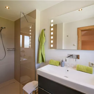 A modern bathroom with a glass shower and a large mirror. Green towels and grooming products are placed on the sink shelf.