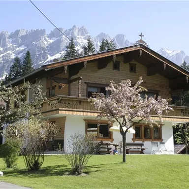A beautiful traditional chalet surrounded by trees and flowers. In the background, impressive mountains can be seen.