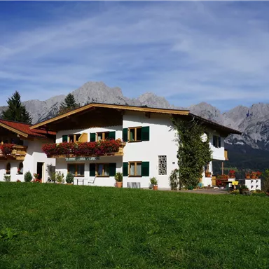 Ein charmantes Bauernhaus mit Balkonen und grünen Feldern. Im Hintergrund erheben sich majestätische Berge unter einem klaren Himmel.