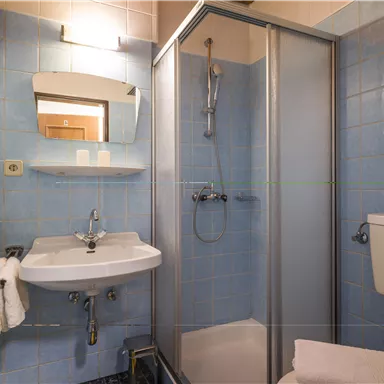 Ein kleines Badezimmer mit blauen Fliesen. Es enthält eine Duschkabine, ein Waschbecken und eine Toilette.