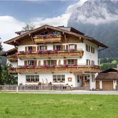 Ein charmantes Holzhaus mit Balkonen und bunten Blumen. Im Hintergrund sind Berge und ein bewölkter Himmel zu sehen.