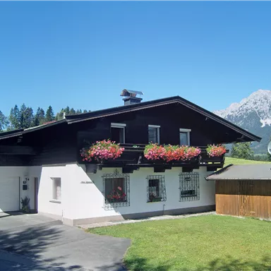 Ein charmantes Haus im alpinen Stil mit bunten Blumenkästen. Im Hintergrund sind grüne Wiesen und Berge zu sehen.