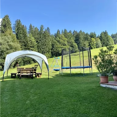 A beautiful, green garden with a pavilion and a trampoline. In the background, you can see trees and a blue sky.
