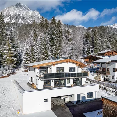 A modern house in the midst of a snowy landscape. In the background, majestic mountains and dense forested areas can be seen.