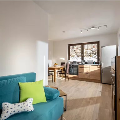 Ein helles und modernes Wohnzimmer mit einem blauen Sofa und einer grünen Kissen. Die offene Küche im Hintergrund ist gut ausgestattet und lädt zum Kochen ein.