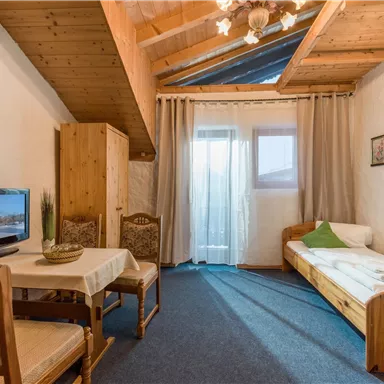 Ein gemütliches Zimmer mit Holzdecken und einem Fernseher. Der Raum verfügt über einen Tisch, Stühle und einen Schlafplatz mit Tageslicht von der Fensterfront.