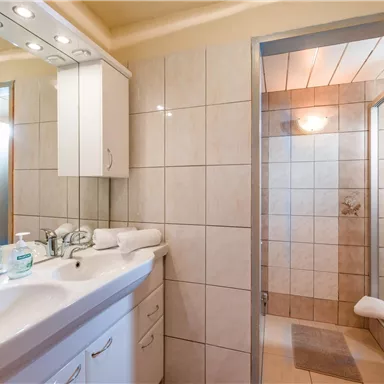 Ein modernes Badezimmer mit einem Waschbecken und einem großen Spiegel. Eine Dusche ist durch eine Glastür abgetrennt und der Raum hat helle Fliesen.