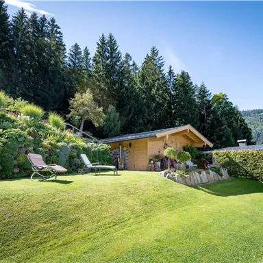 A cozy wooden house in nature, surrounded by lush greenery and trees. In the foreground, two lounge chairs are on the lawn.