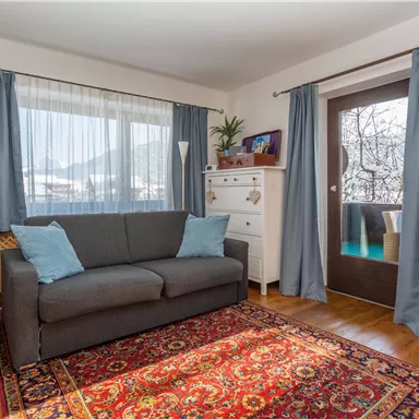 Ein gemütliches Wohnzimmer mit einem grauen Sofa und zwei Kissen. Vor dem Sofa liegt ein schöner Teppich und große Fenster lassen viel Licht herein.