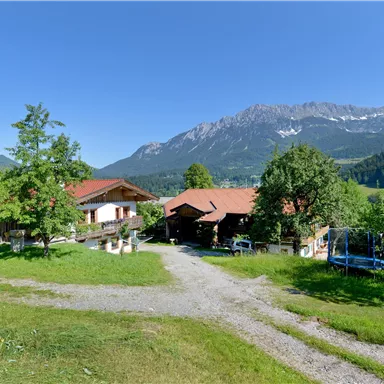 Eine idyllische Landschaft mit tiefgrünem Gras und Bäumen. Im Hintergrund sind beeindruckende Berge zu sehen, während einige Hütten im Vordergrund stehen.