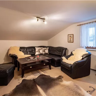 Ein gemütliches Wohnzimmer mit schwarzen Ledermöbeln und einem Teppich aus Tierfell. Große Fenster lassen viel Licht hereinfalle und schaffen eine einladende Atmosphäre.