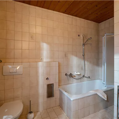 Ein modernes Badezimmer mit einer Badewanne, Dusche und WC. Die Wände sind gefliest und die Holzdecke verleiht dem Raum Wärme.