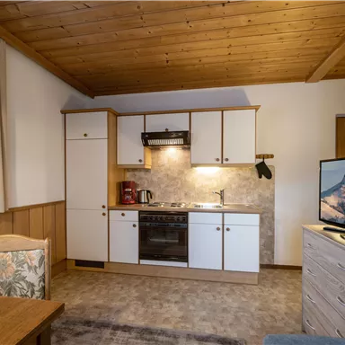 Eine gemütliche Küche mit Holzdecke, ausgestattet mit einem Herd, Kühlschrank und Fernseher. Der Raum ist hell und einladend gestaltet.