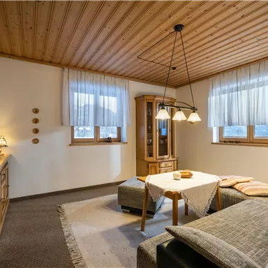Ein gemütliches Wohnzimmer mit Holzdecke, Fenstern mit Vorhängen und einem Sofa. Eine kleine Tischlampe und ein Fernseher vervollständigen die Einrichtung.