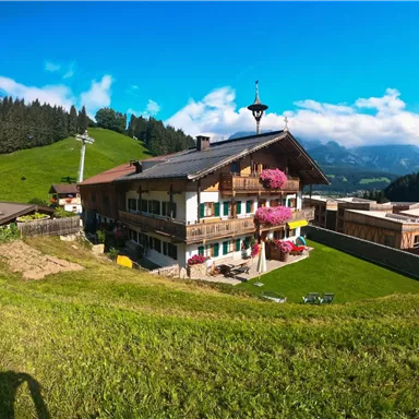 A traditional wooden house in the Alps with colorful flowers on the balcony. The surrounding green meadows and mountains create a picturesque atmosphere.