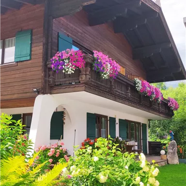 Ein traditionelles Holzhaus mit bunten Blumenbalkonen. Der Garten ist mit üppigen Pflanzen und Blumen gestaltet.