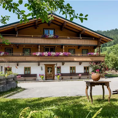 Ein charmantes Haus im alpinen Stil mit bunten Blumen auf den Balkonen. Umgeben von einer grünen Landschaft und Bergen im Hintergrund.