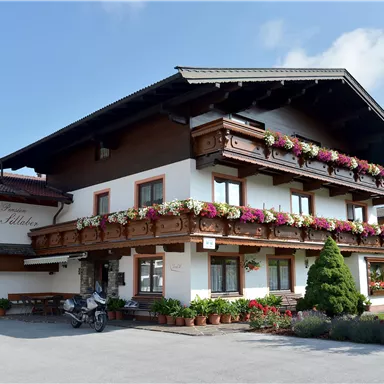 A traditional alpine house with a beautiful balcony full of flowers. The facade is bright and inviting, surrounded by a green garden.