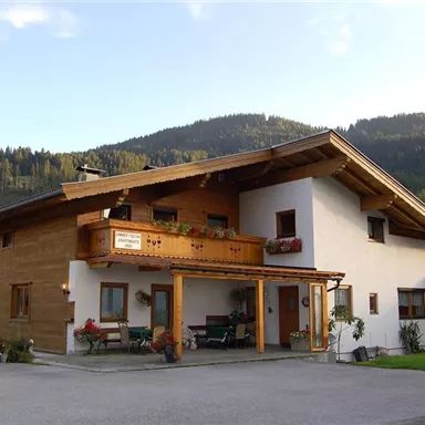 Ein schönes Haus im alpinen Stil mit Holzverkleidung. Im Hintergrund sind sanfte Hügel und Bäume zu sehen.