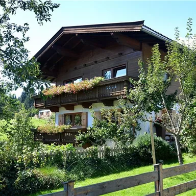 Ein charmantes altes Holzhaus mit Balkon und vielen Blumen. Umgeben von grünen Wiesen und Bäumen in einer idyllischen Landschaft.
