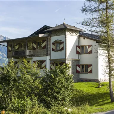 Ein modernes Haus umgeben von Bäumen und Wiesen. Im Hintergrund sind Berge zu sehen.