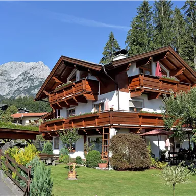 A charming house in alpine style with windows and balconies.
Surrounded by trees and mountains in a beautiful natural landscape.