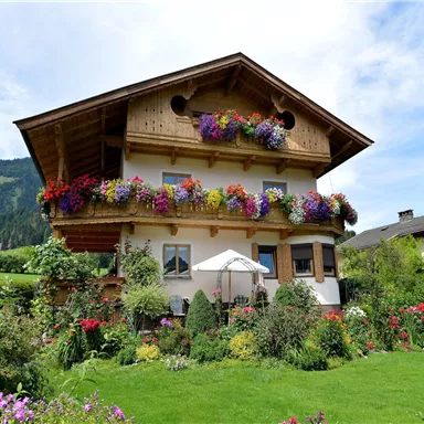 A charming house with flower boxes and a beautiful garden. Surrounded by mountains and a clear, blue sky.