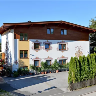 A traditional house with a beautiful facade and several windows. In the foreground are green hedges and plants.