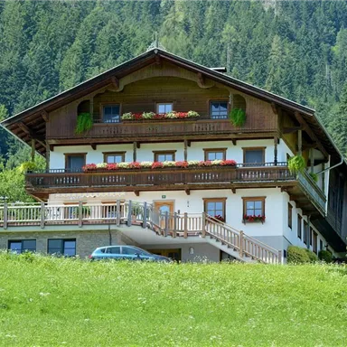 A charming alpine house surrounded by meadows and trees. The balconies are decorated with flowers, and the view of nature is stunning.