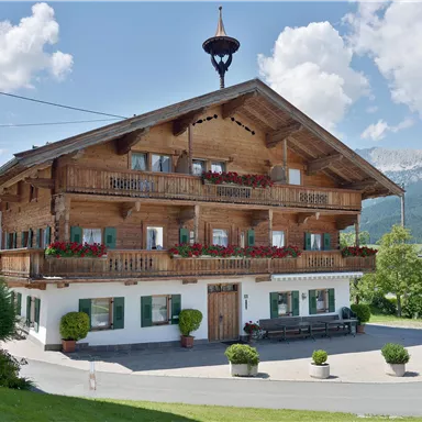Ein traditionelles alpenländisches Holzhaus mit Balkon und Blumen. Umgeben von einer malerischen Landschaft und unter einem klaren blauen Himmel.