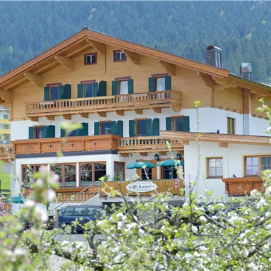 Ein traditionelles Holzhaus mit Balkonen und grünen Fensterläden, umgeben von einer schönen Landschaft. Im Vordergrund blühen die Pflanzen und baumeln in der Luft.