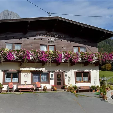 A traditional chalet with a wooden building and colorful flowers in the windows. In the background, the mountains are visible, creating a picturesque landscape.