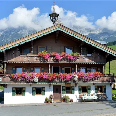 A traditional Bavarian house with colorful flowers on the balcony. In the background, green meadows and mountains can be seen.