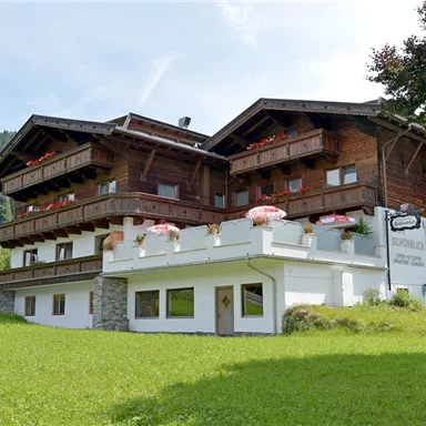 A traditional chalet with wooden balconies and red flowers. The grassy garden and surrounding mountains create a picturesque atmosphere.