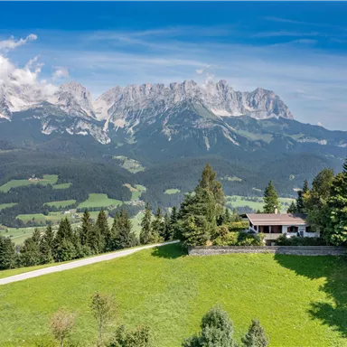 Eine malerische Landschaft mit hohen Bergen im Hintergrund und einem grünen Tal. Ein gemütliches Haus umgeben von Bäumen und Wiesen ergänzt das Bild.