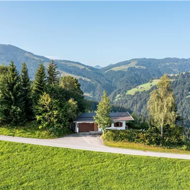 Ein malerisches Haus inmitten von grünen Hügeln und dichten Wäldern. Die Umgebung ist idyllisch und bietet eine beeindruckende Berglandschaft.