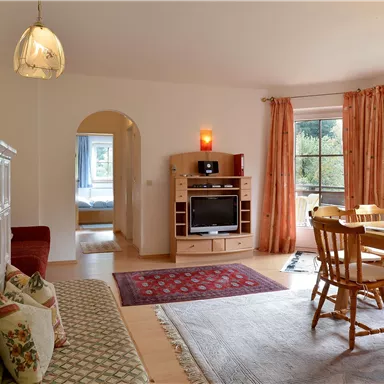 Ein gemütliches Wohnzimmer mit einem Esstisch, einem Fernseher und einem Sofa. Große Fenster sorgen für viel Tageslicht und eine warme Atmosphäre.